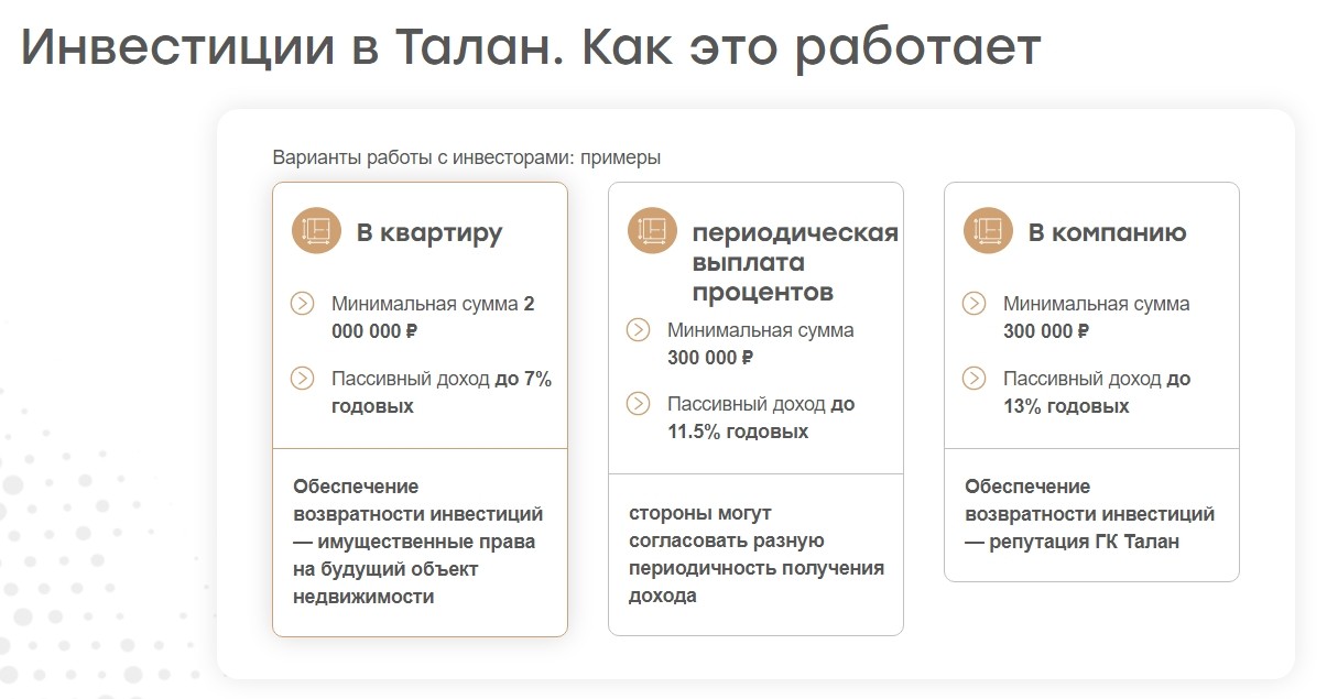 Инвестиционные предложения компании Талан-Финанс